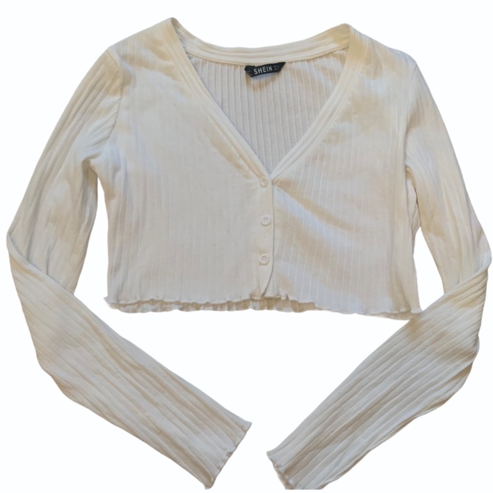 SHEIN White Ribbed Long Sleeve Crop Top w/Buttons